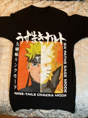 Naruto Split Face Graphic Tee - Black with Orange & Yellow Art
